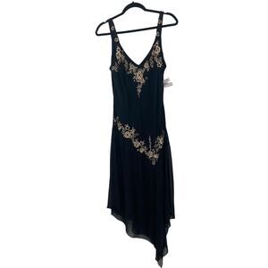 VTG Y2K 90s Whimsigoth Beaded Floral Black Fairy Asymmetrical Sleeveless Dress S